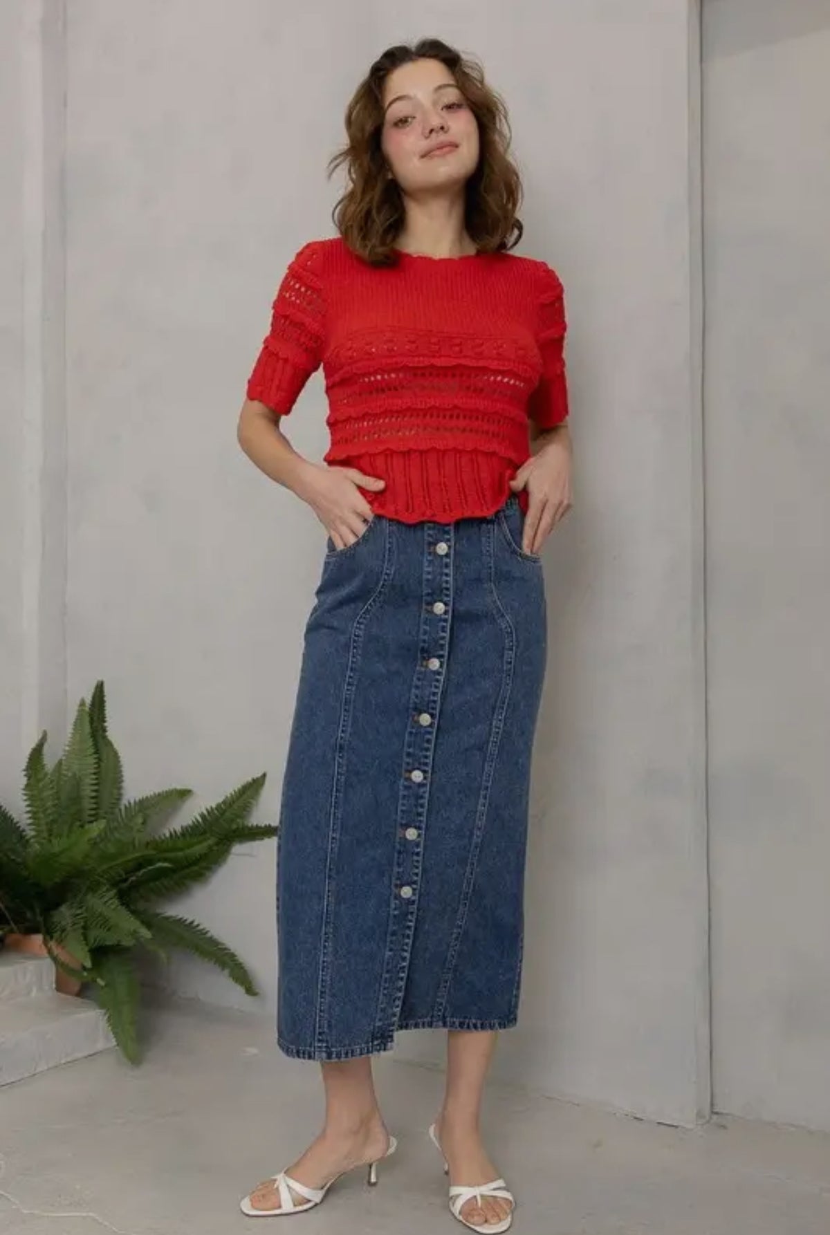 Button Fly Split Denim Skirt