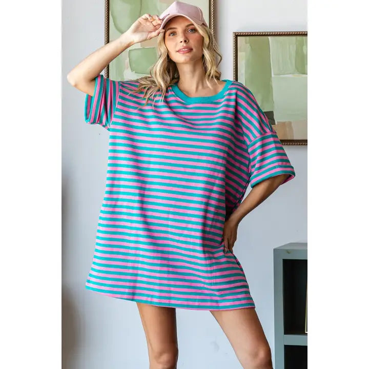Stripe Knit Oversized Tee Dress | Bloom Floral Stripe Knit Oversized Tee Dress | Bloom Floral