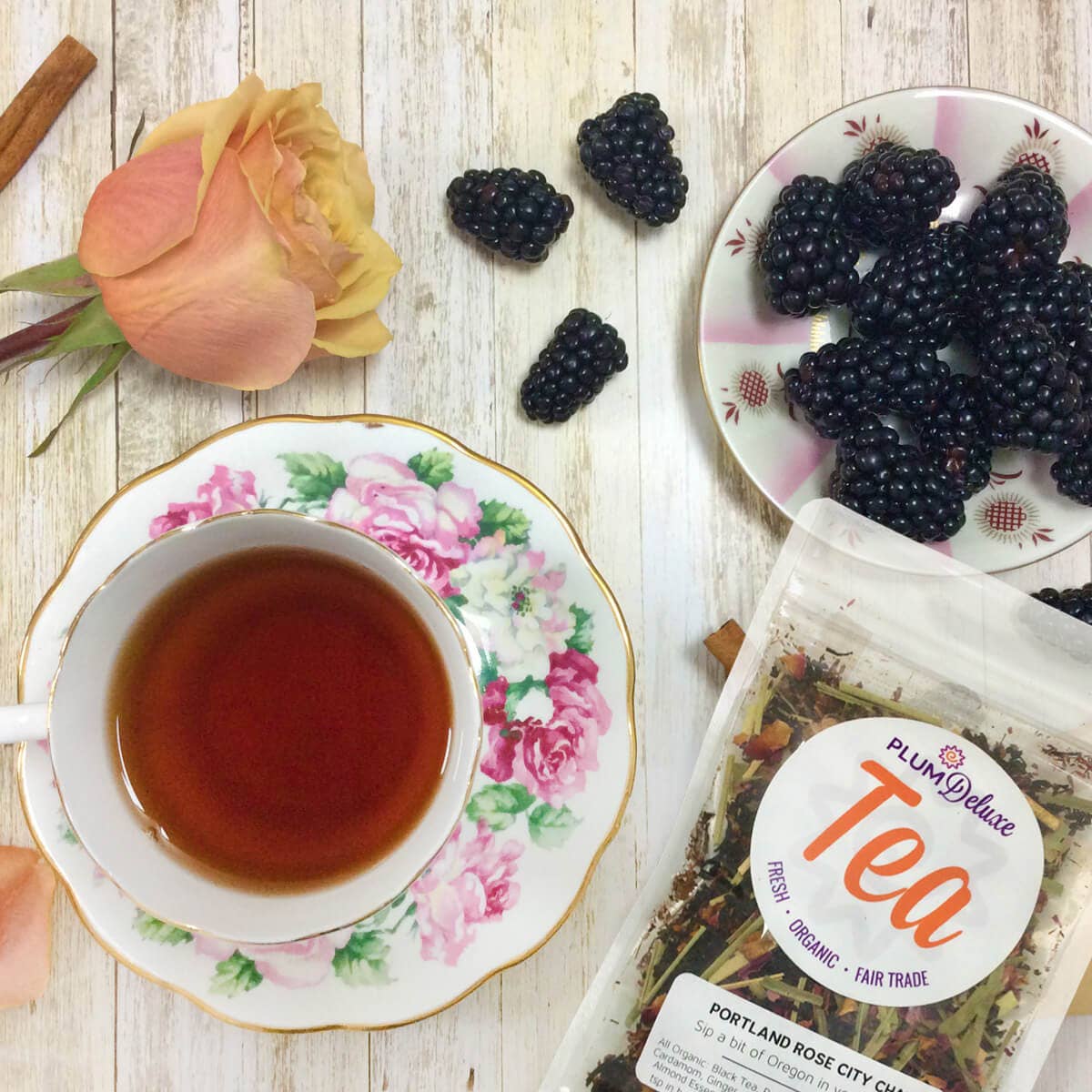 Plum Deluxe Tea Portland Rose City Chai Blackberry Almond & Rose Tea